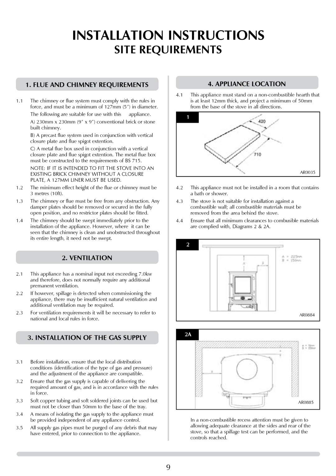 Stovax P8050 manual Site Requirements, Flue and Chimney Requirements, Installation of the gas supply, Appliance location 